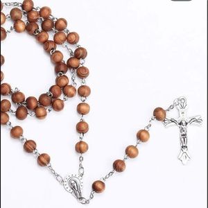 Wooden Rosary Religious Cross Necklace